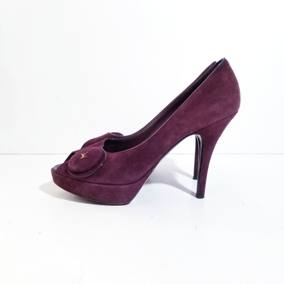 LOUIS VUITTON Chelsea Open Toe Aubergine Suede Leather Pumps 37 US 7 - Picture 3 of 16